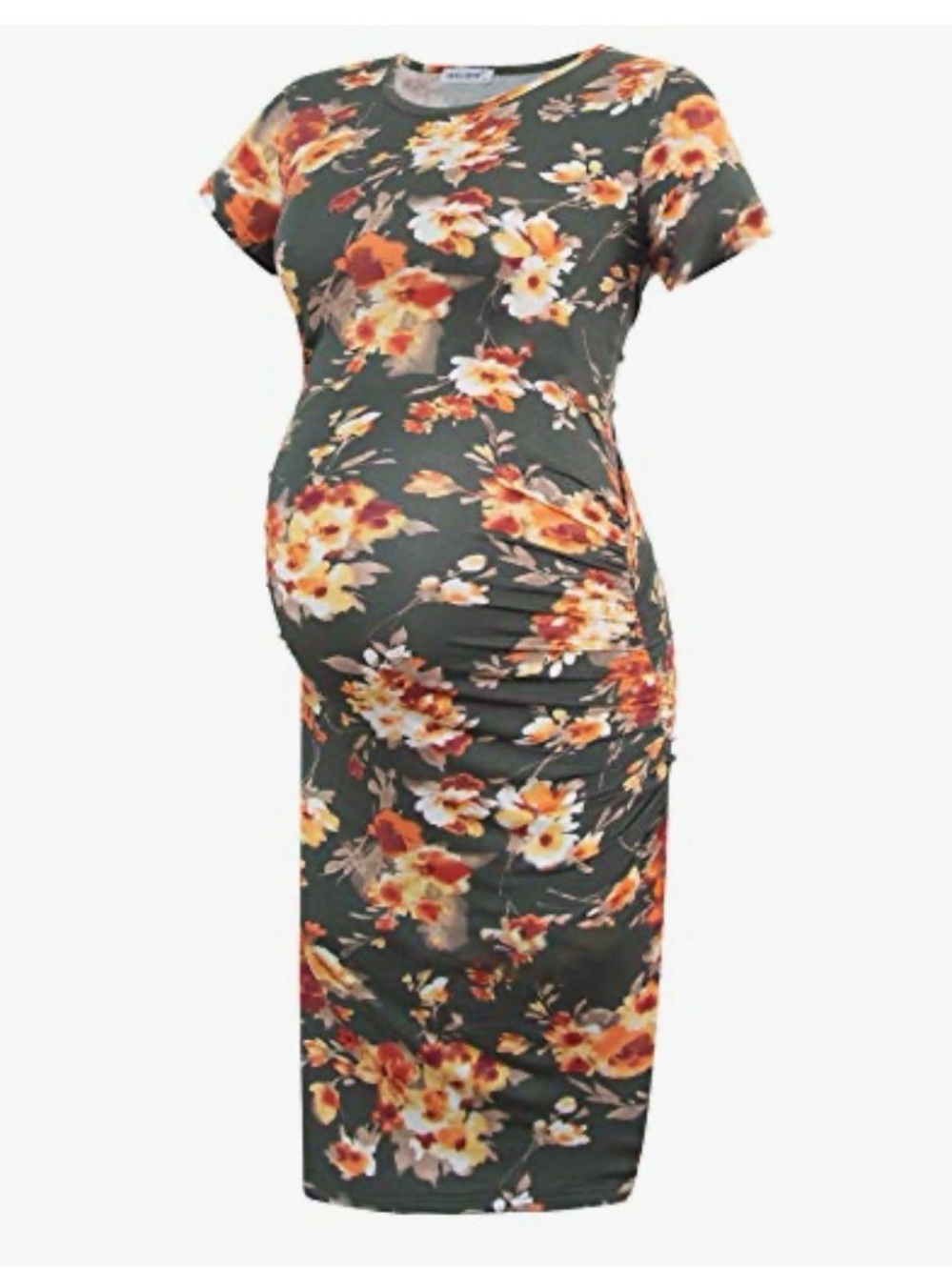 Ruched Olive Floral Maternity Midi Dress